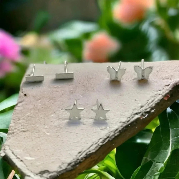 Silver Bohemian Mini Bar & Butterfly & Star Stud Earrings - Picture 2 of 12